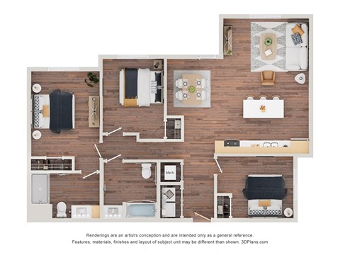 Floor plan for 3 beds, 2 baths, 1174 sqft